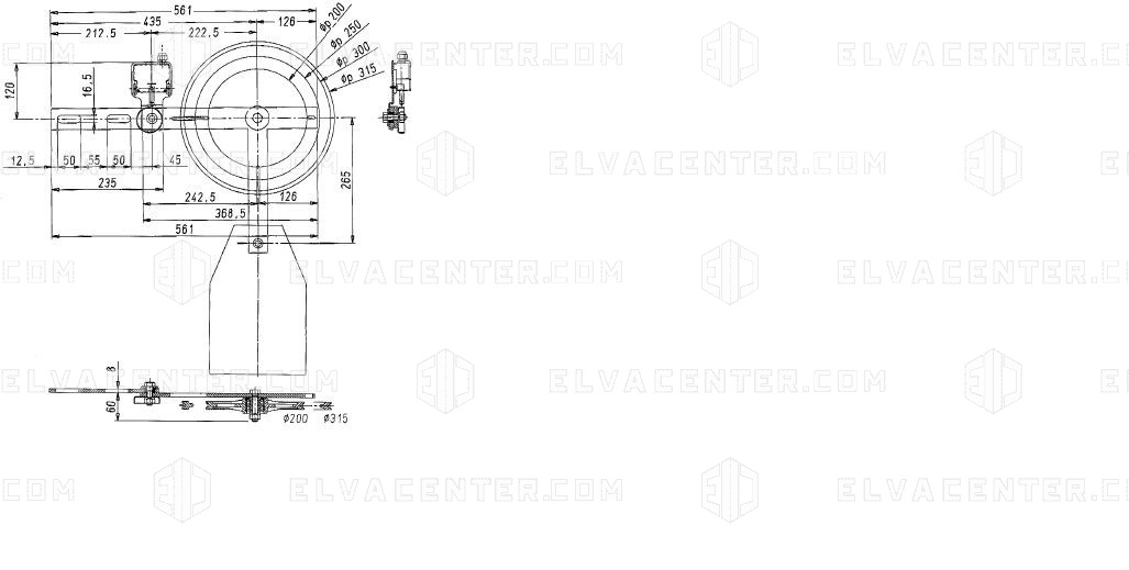 PFB, Spanrol: D250 mm - verticaal haaks - 44kg - contact (zonder afscherming 09950)