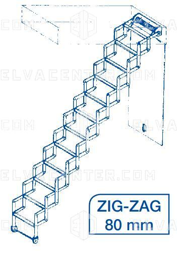 Zig-zag trap met luik en mechaniek - 14 treden (80 x 400mm) hoogte vloer-plafond= 2.90m