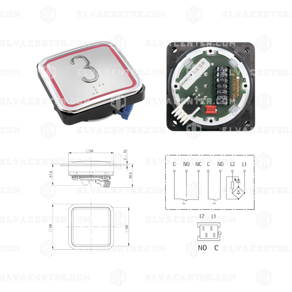Schaefer, Button B50Q IX – St. Steel – Red 12–30V – Engraving + with/without Braille to be specified